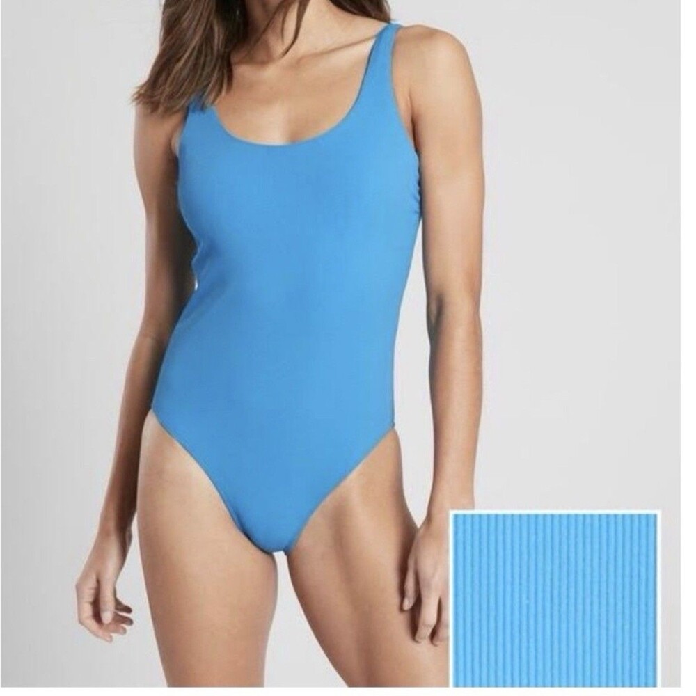 Athleta Ribbed Scoop Neck One Piece Swimsuit Blue Medium